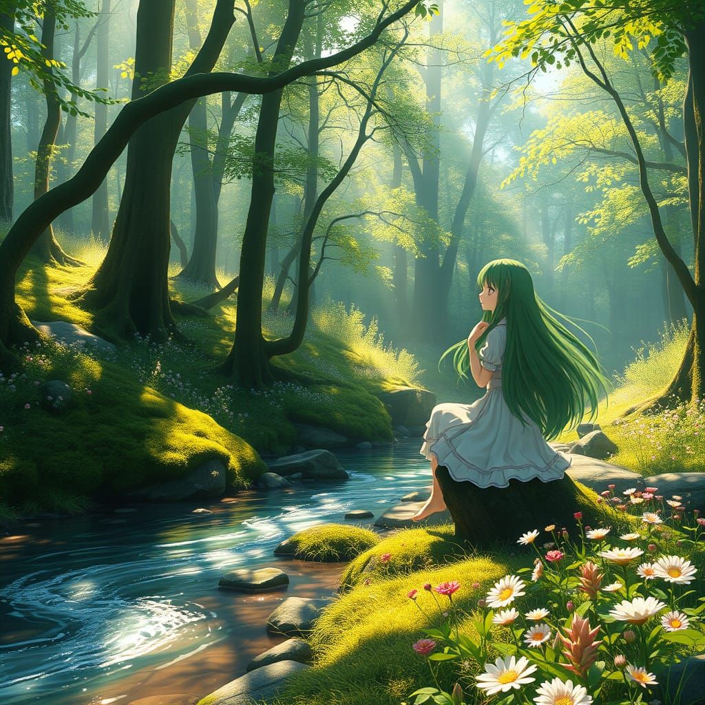 Anime Girl in Vibrant Spring Forest
