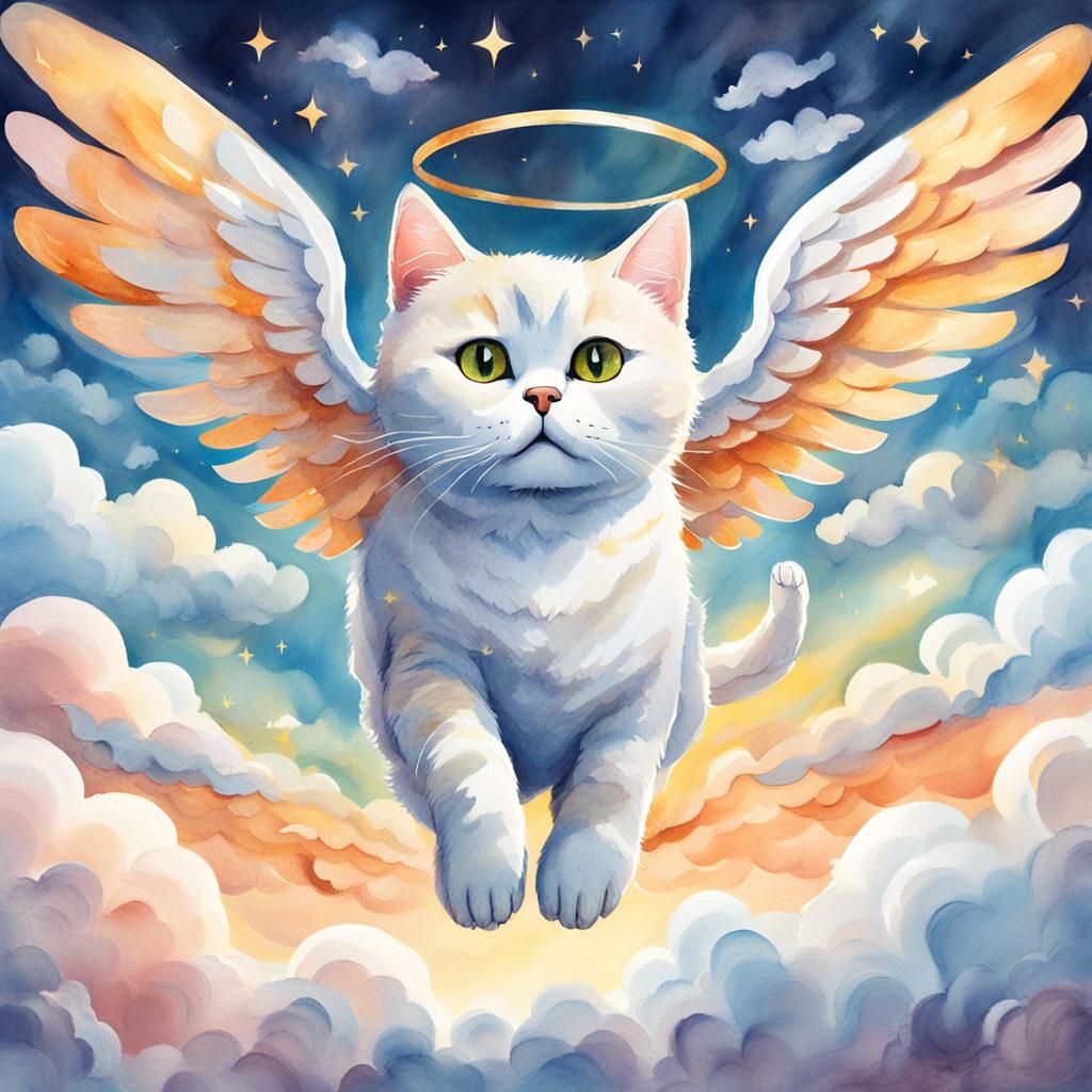 Whimsical Cartoon Cat Angel Soars Through a Cloudy Sky
