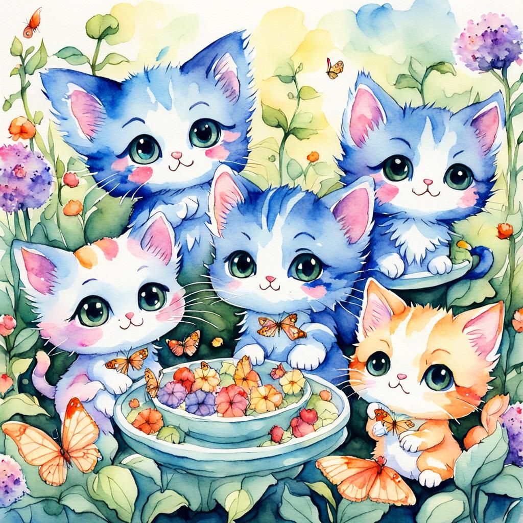 Chibi Kittens Feast in Ghibli Butterfly Garden