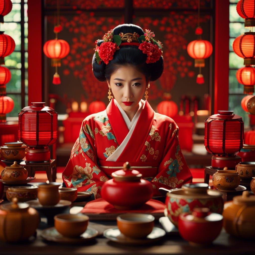 Japanese Tea Ceremony with Red Lanterns in 8K