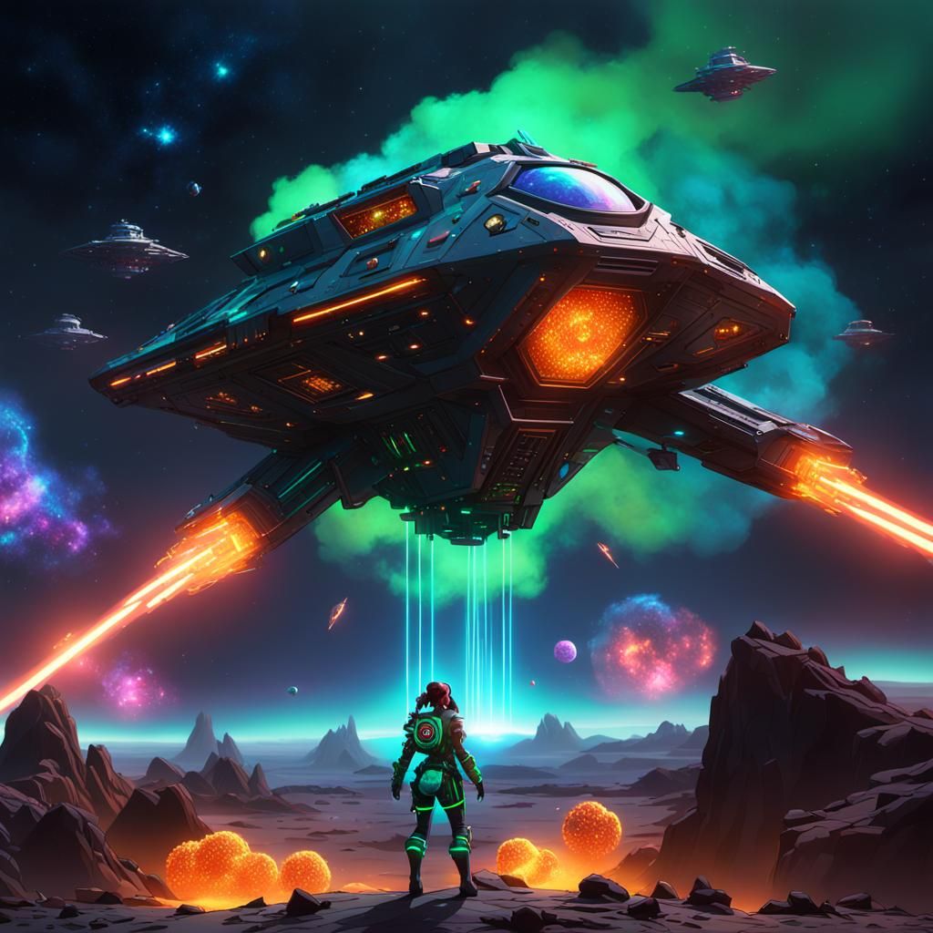 Space Pirate Twins Stealing Gems in Neon Spacesuits