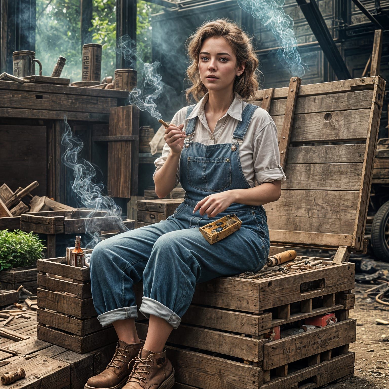 Young Woman Smoking: Detailed Matte Painting