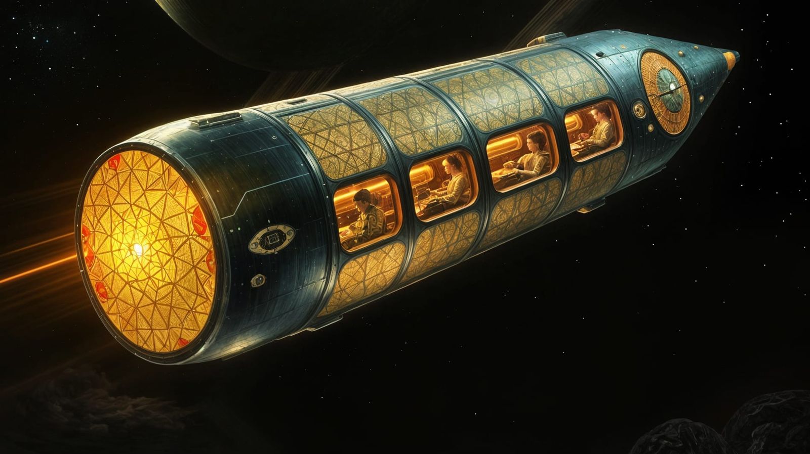 Saturn-bound Spaceship in Klimt-Inspired Sci-Fi Art