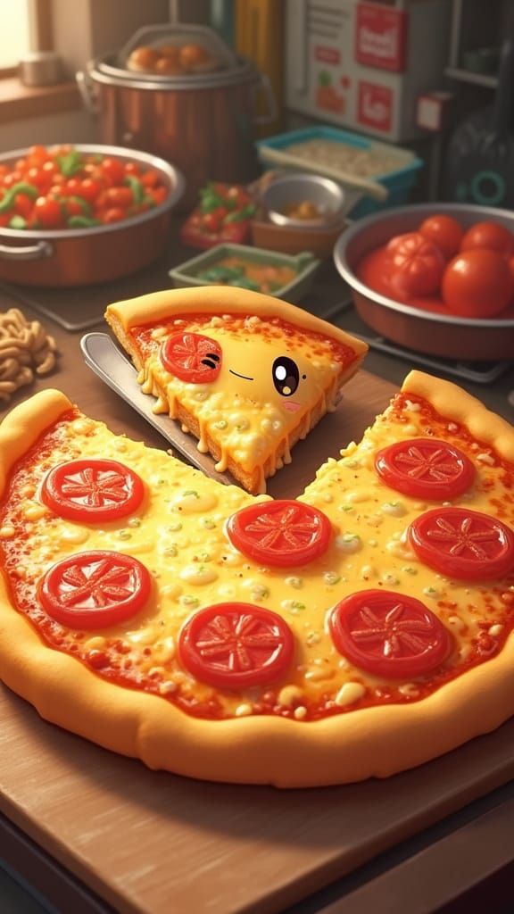 Vibrant Pizza Smiling in a Busy Kitchen Scene