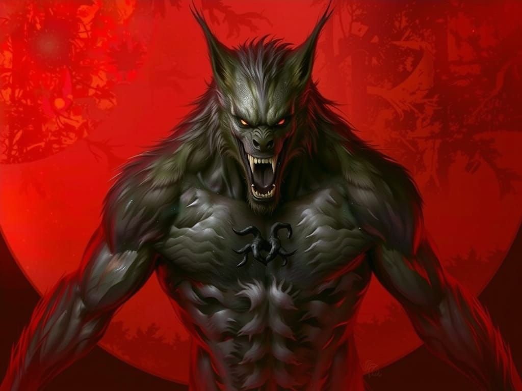 Muscular Werewolf in Hyper-Realistic Dark Forest Scene