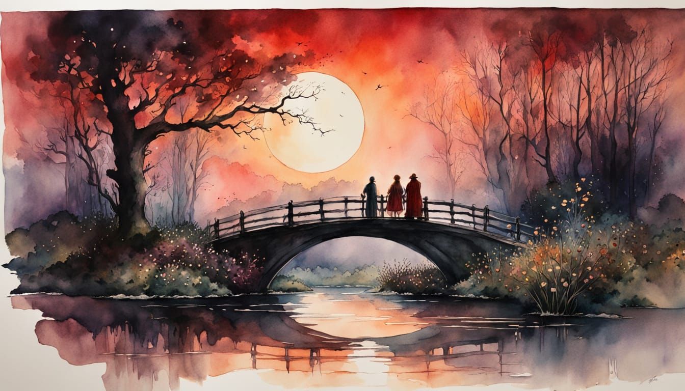 Romantic Watercolor Scene with Couple and Wildflowers