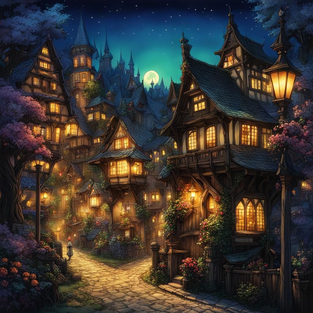 Fairytale Town at Night in Anime Style