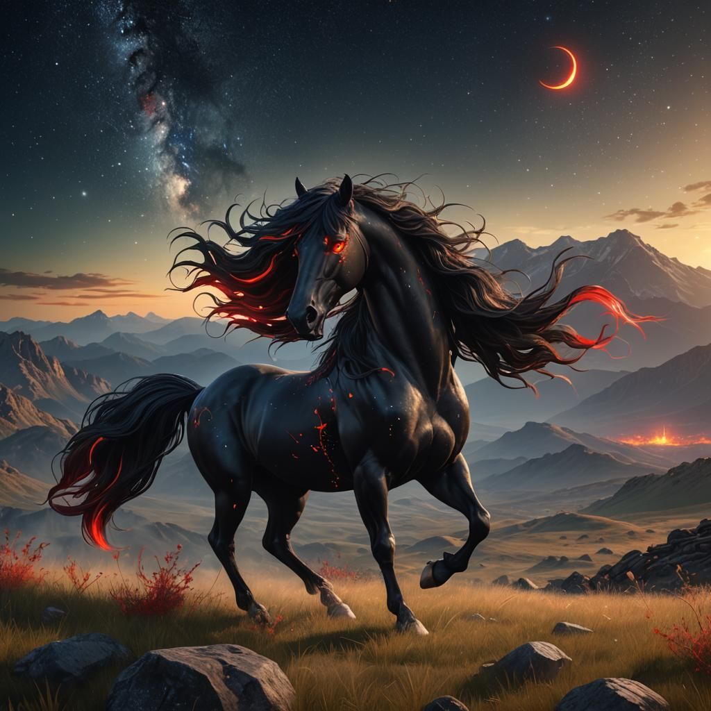 Majestic Black Mustang in a Starry Landscape