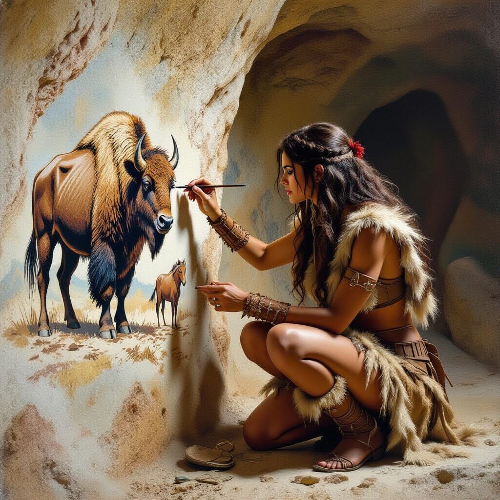 Cavewoman Paints Animals in Earthy Tones