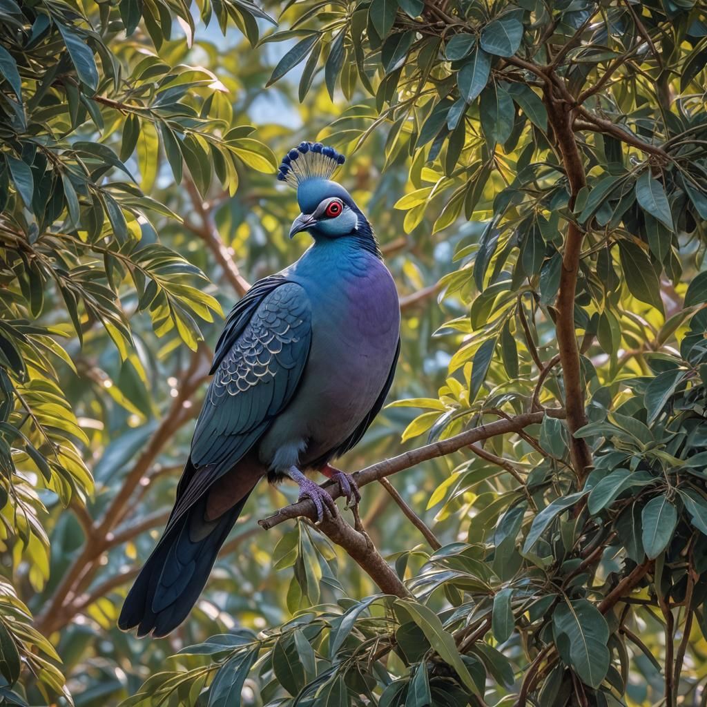 Crowned Pigeon in Lush Avocado Tree: Maximalist HDR