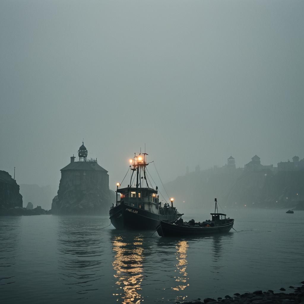 Misty Port Under Grey Fog: Cinematic Film Still