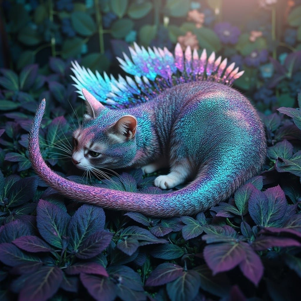 Mystical Cat-Dragon Amidst Lush Foliage in a Fantastical, Ir...