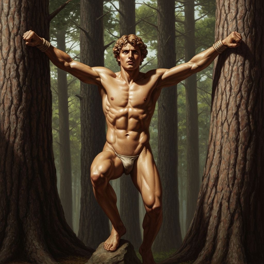 Heroic Theseus Bound Between Pine Trees in Dramatic Light