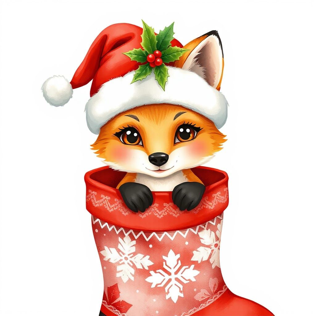 Cute Cartoon Fox in Christmas Stocking Watercolor Illustrati...