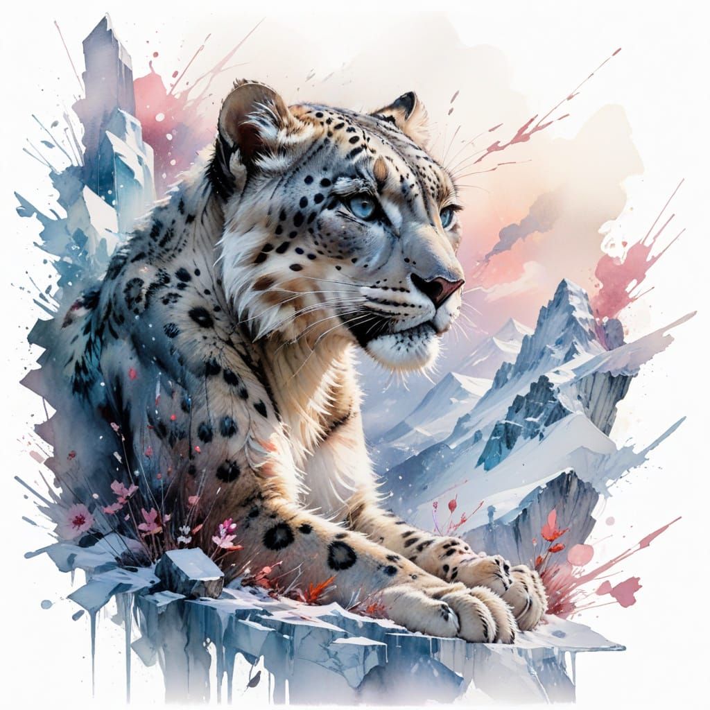 Snow Leopard on a Frost-Kissed Mountain in Watercolour Style