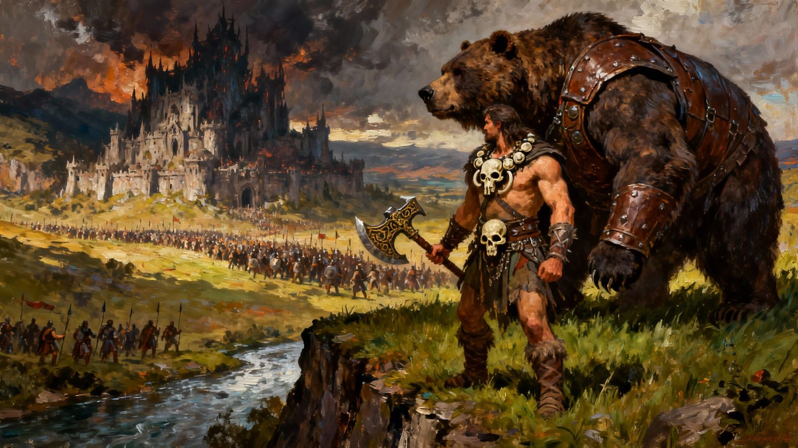 Barbarian Warrior and Bear Army Approach Evil Castle