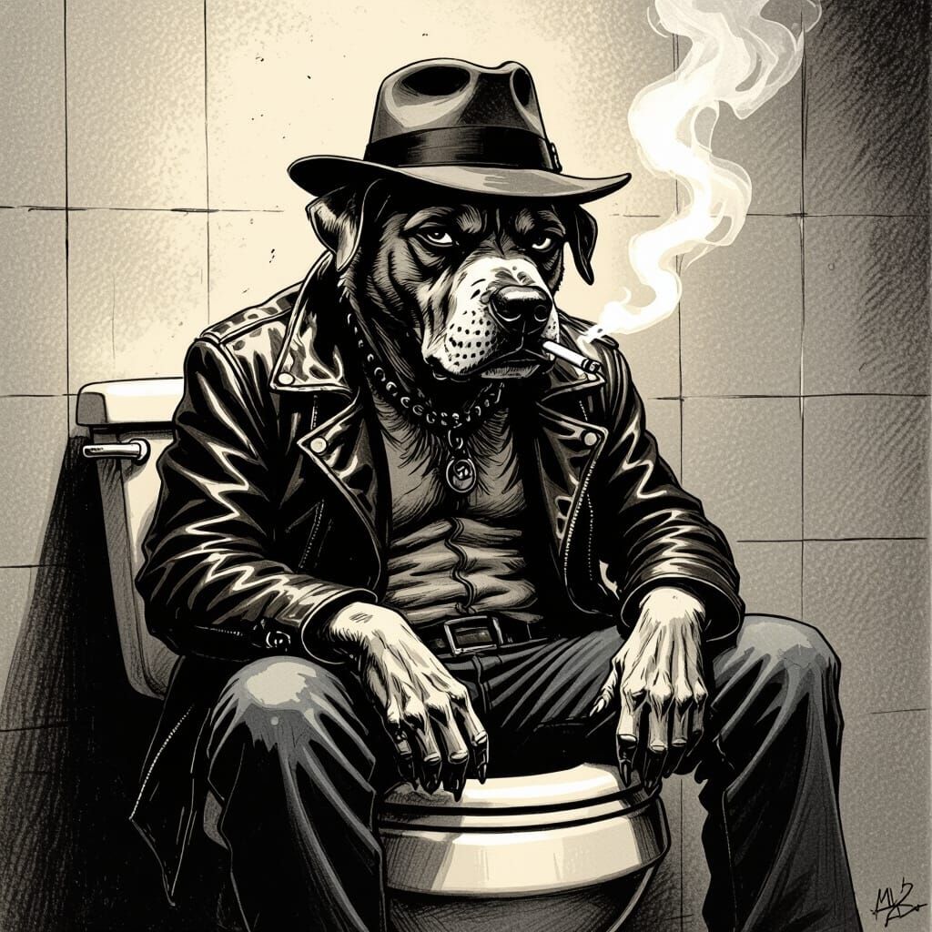 Dog Smoking on Toilet in Film Noir Style