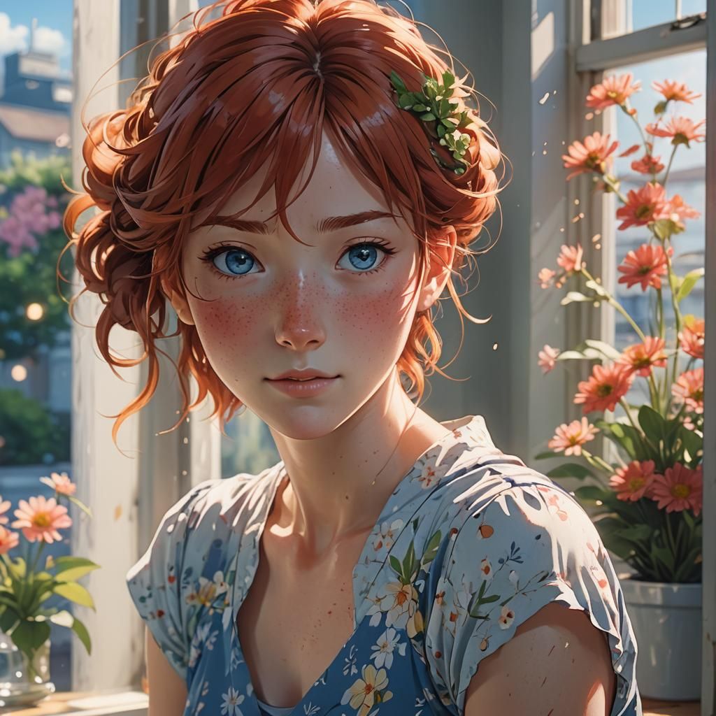 Anime Portrait of Redhead with Freckles, Shinkai Style