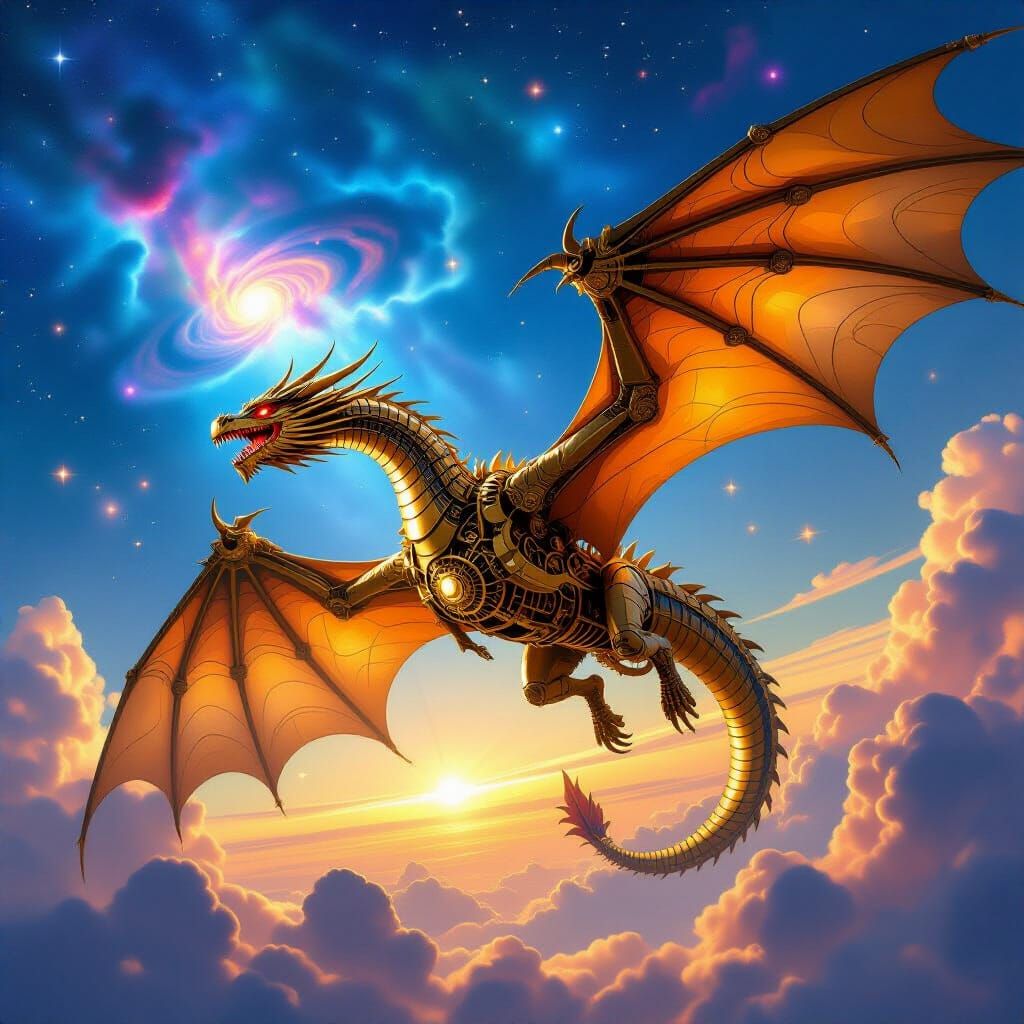 Brass Clockwork Dragon Soars Through Cosmic Nebula Sky