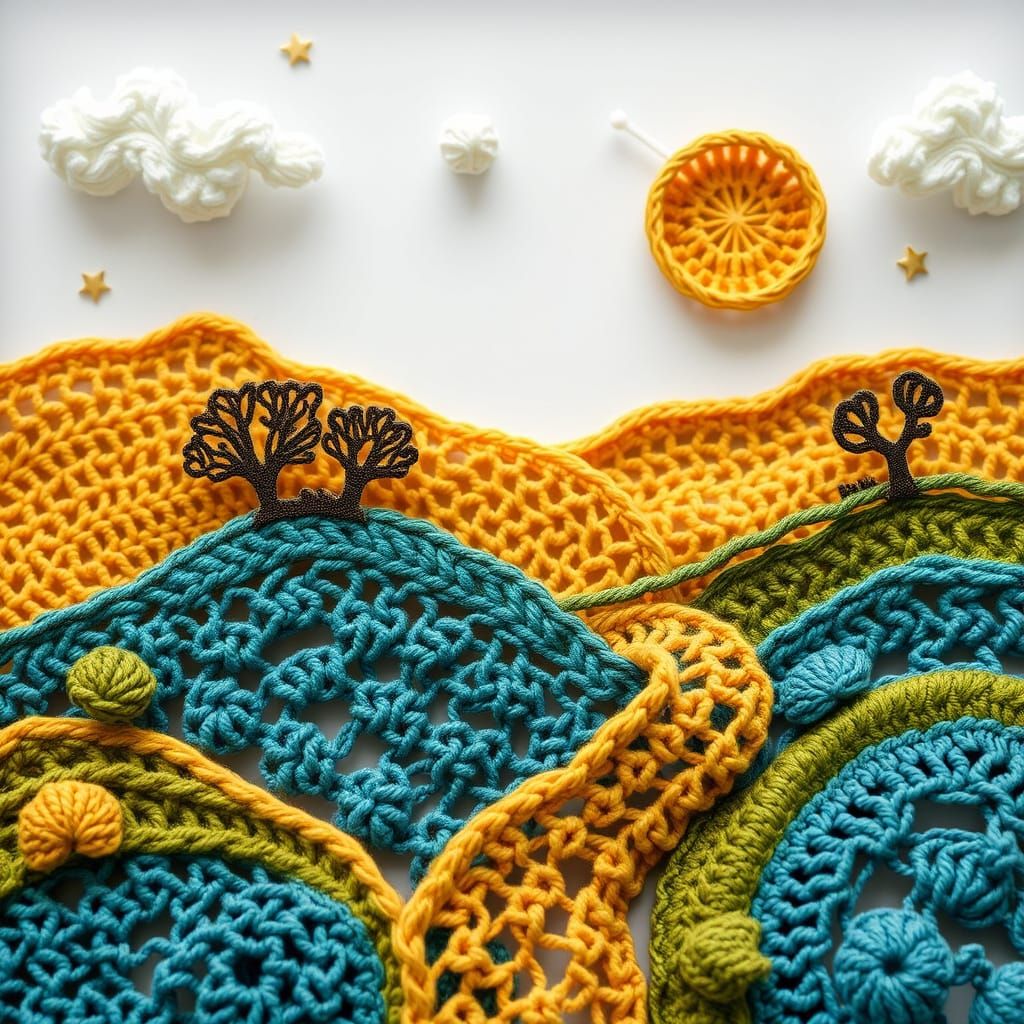 Intricate Metal Crochet Yarn Landscape Art