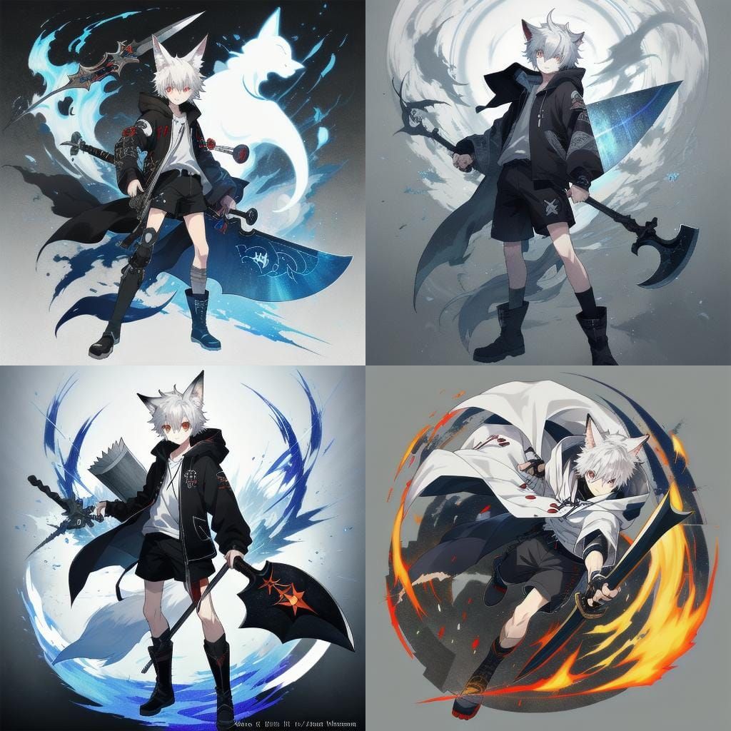 Ghost-Human Hybrid Boy with Axe in Anime Style