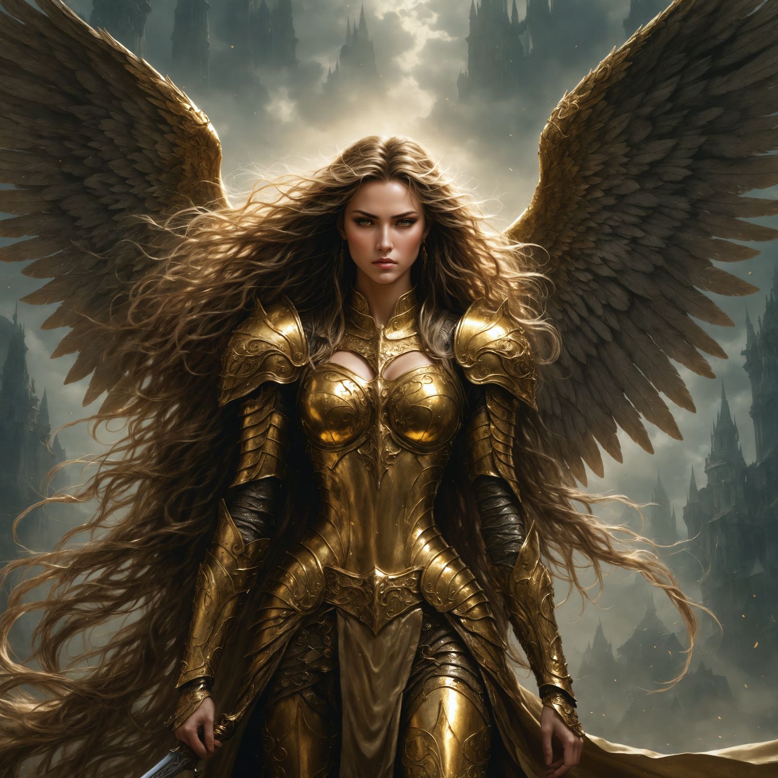 Golden Armored Angel in Dark Fantasy Style