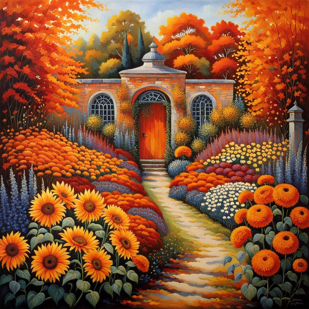 Autumn Walled Garden with Wildflowers in Orange Palette