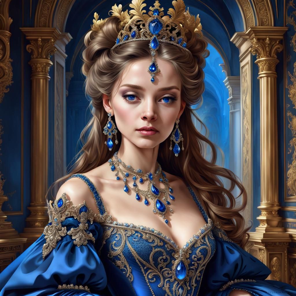 Renaissance Queen in Imperial Blue Ballgown