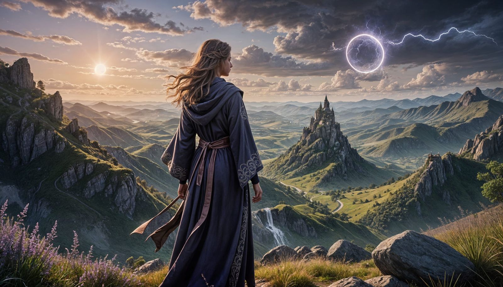 Nordic Sorceress Holding Magic Light in Lush Landscape