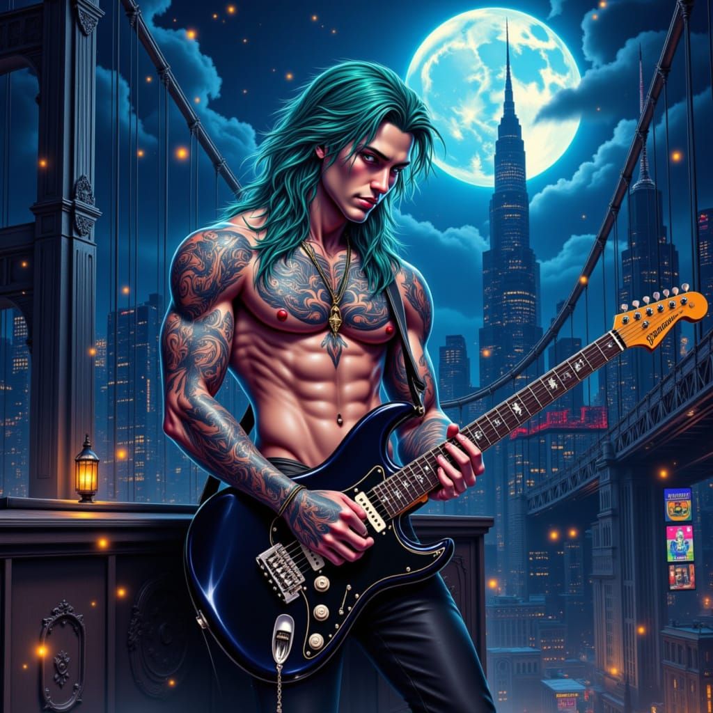 Musician with Teal Hair Plays Guitar in Glowing Cityscape