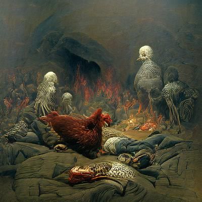 Gruesome Chicken Horror Scene in Doré Style