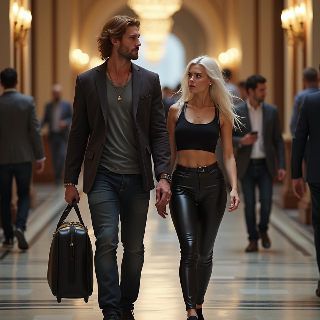 Man and Woman in Luxury Hotel Lobby