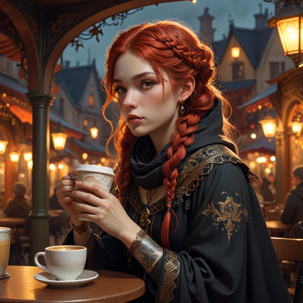 Enchanting Witch Enjoys Coffee in Whimsical Cafe