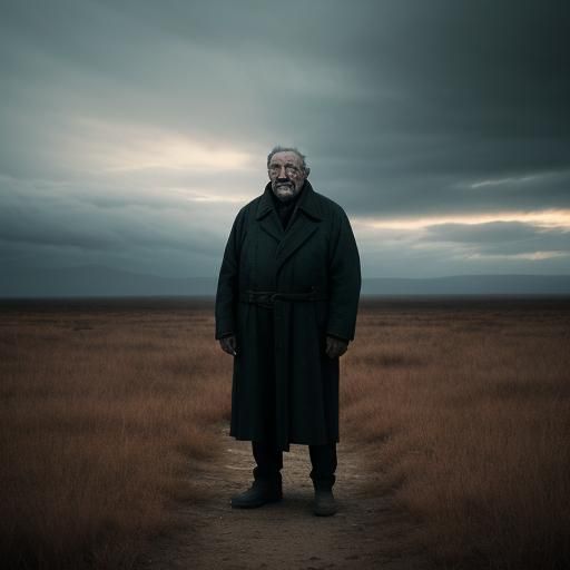 Hunchbacked Old Man in Barren Landscape: Cinematic Still