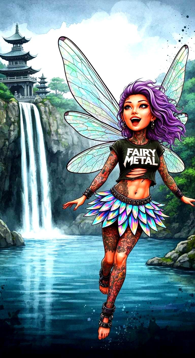 Punk Asian Fairy with Tattoos and Metal T-Shirt