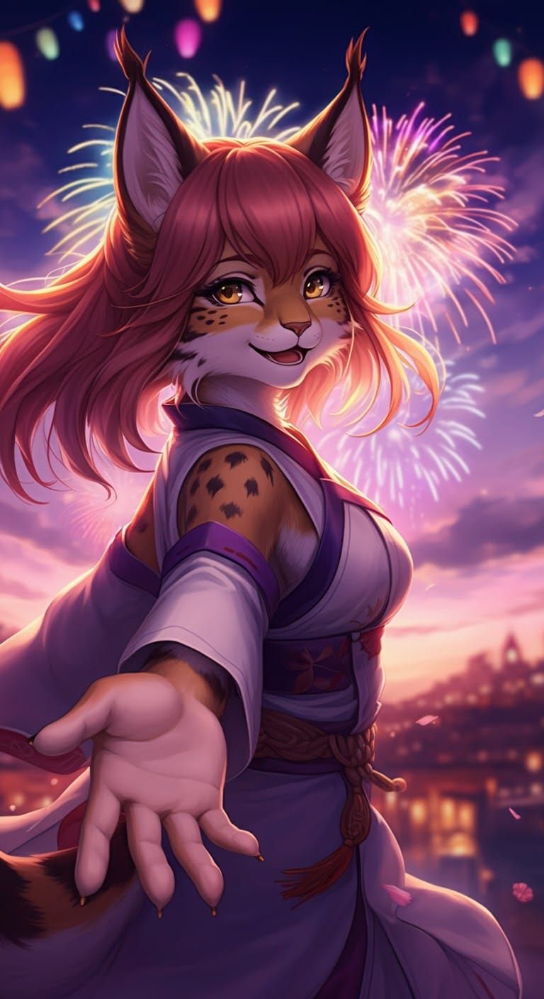 Anime Lynx Celebrates with Fireworks in 2.5D Style
