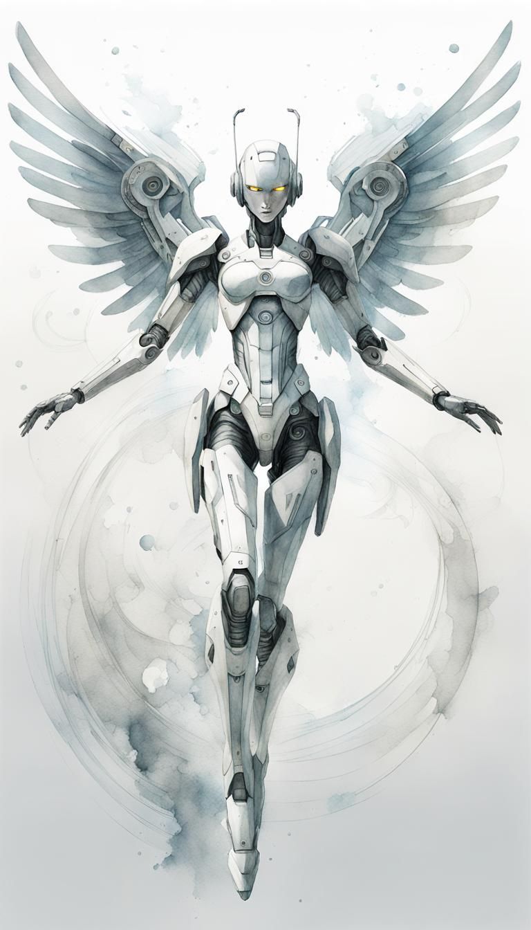 Mechanical Angel in Flight: Watercolor and Graphite Digital ...