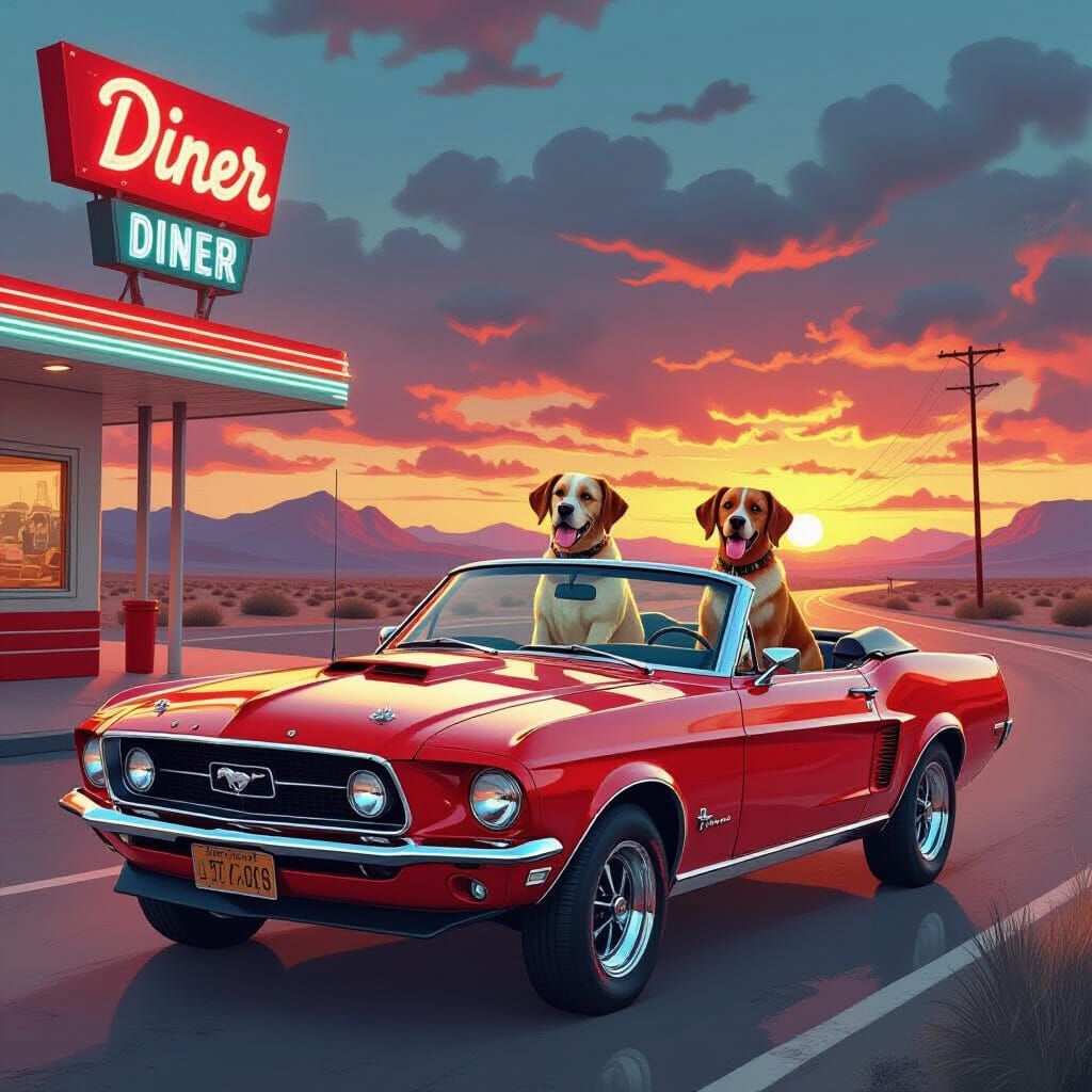 Yellow Lab Drives Mustang to Neon Diner at Sunset