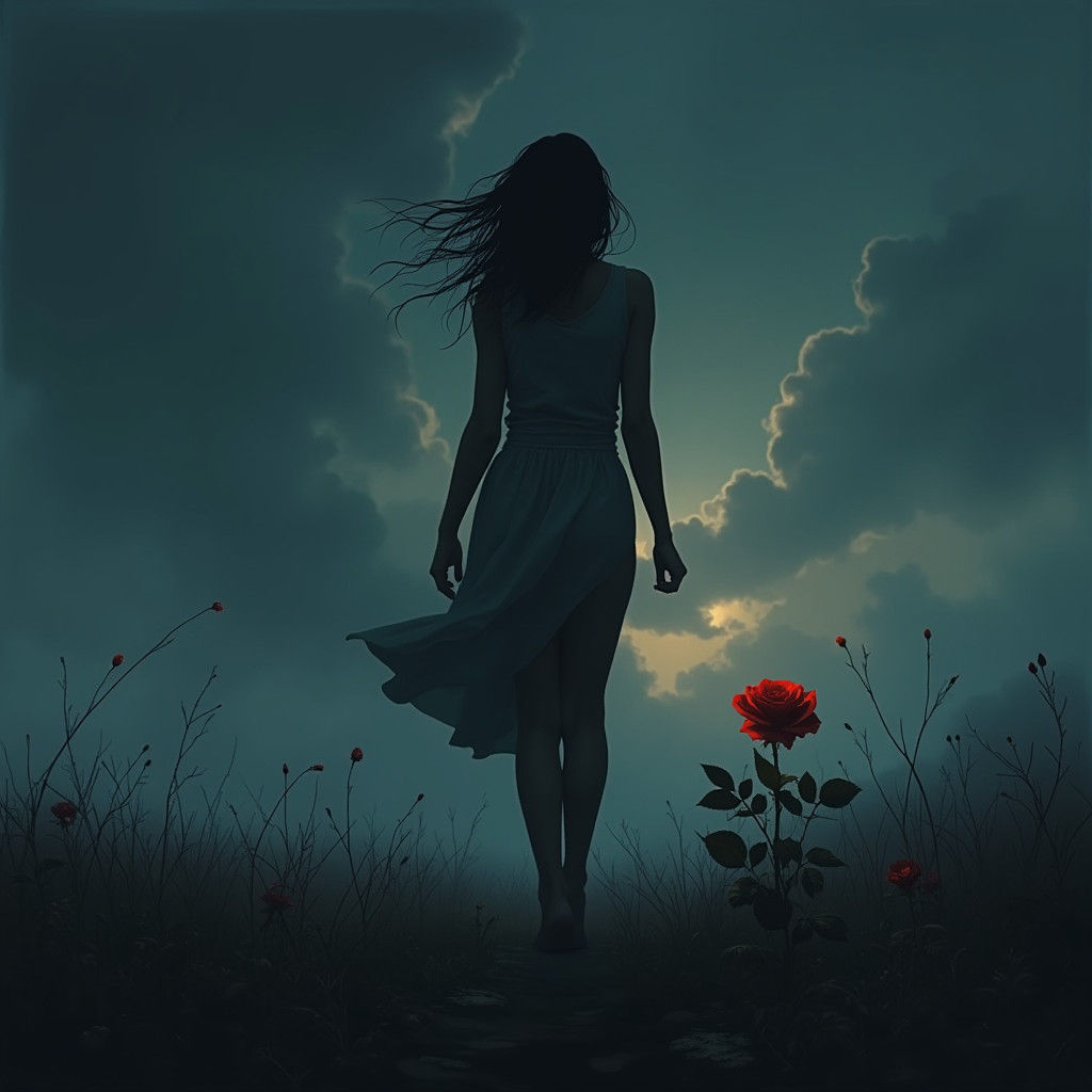 Resilient Woman in Stormy Dawn Landscape