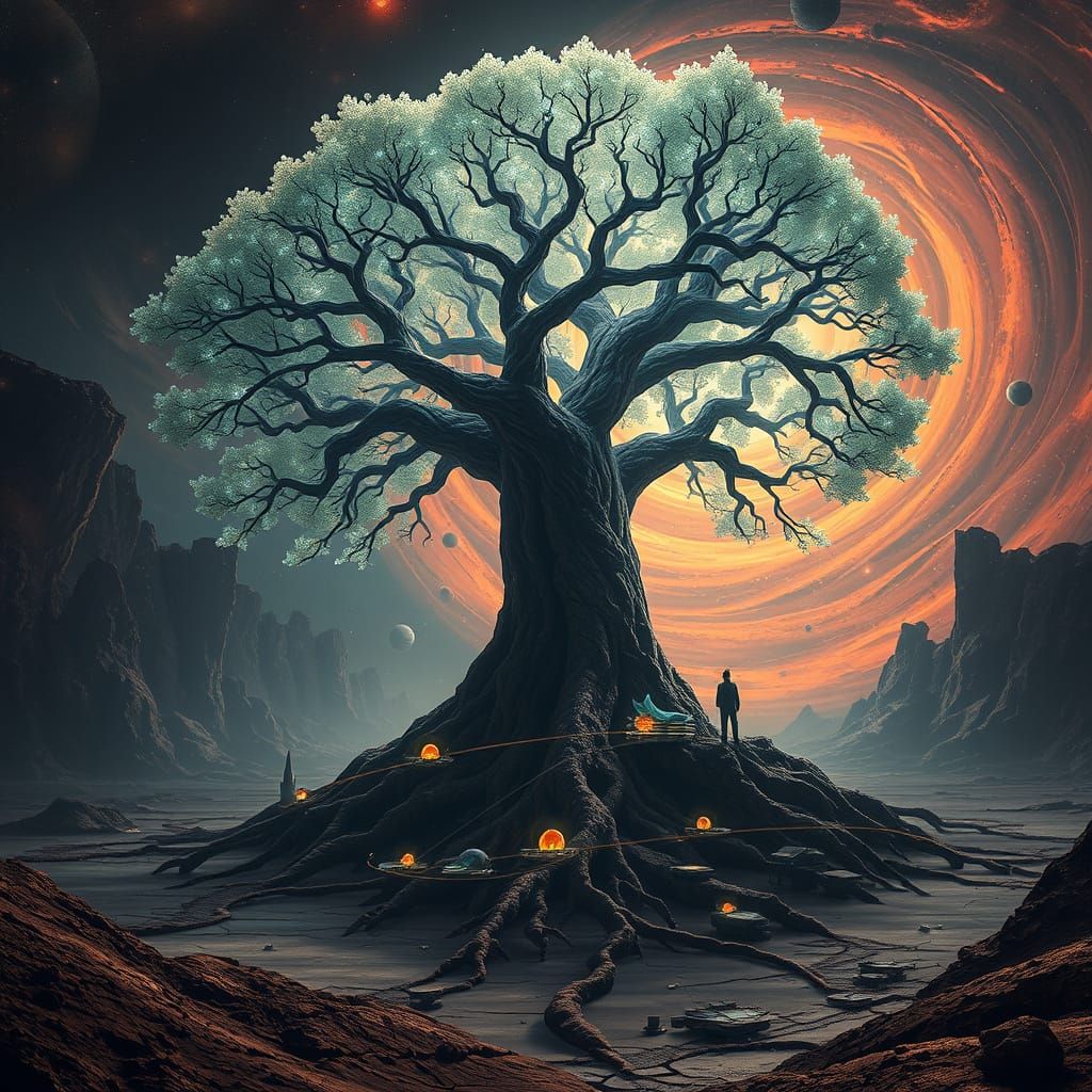 Colossal Tree on Desolate Planet in Surrealist Style