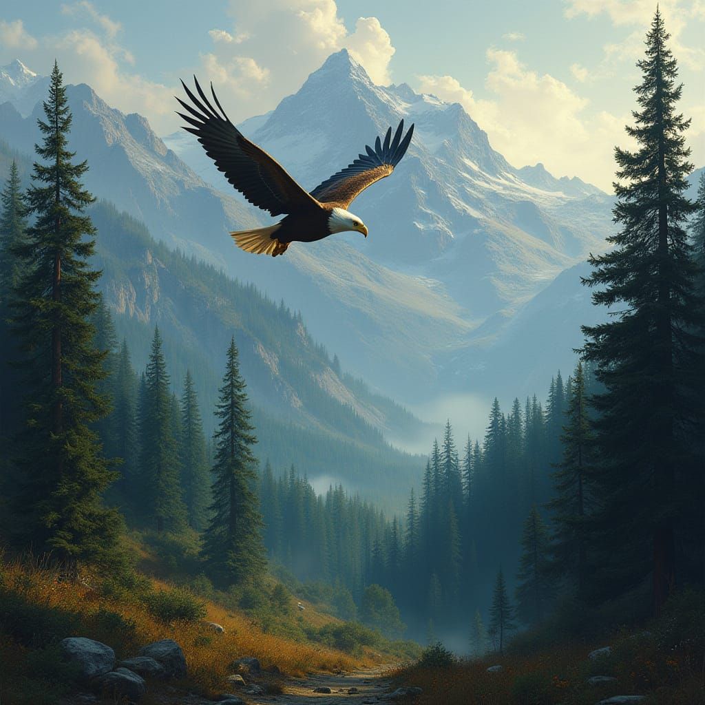 Eagle in Lush Pine Forest Landscape, in Stalenhag-Inspired S...