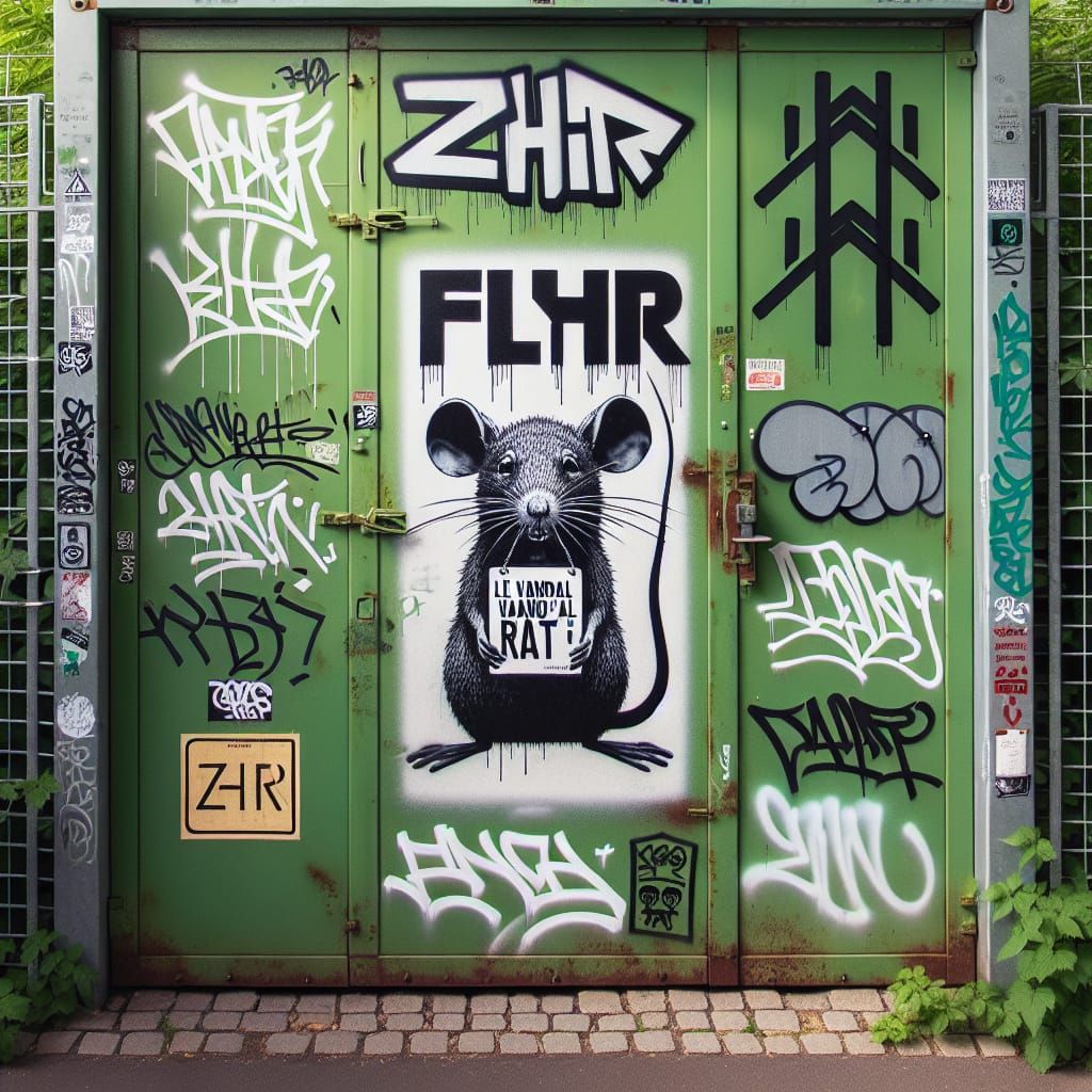 A green metal door with urban graffiti. At the top, white graffiti tags spell 'flyer' and 'zhr.' Below, a stencil of a r...