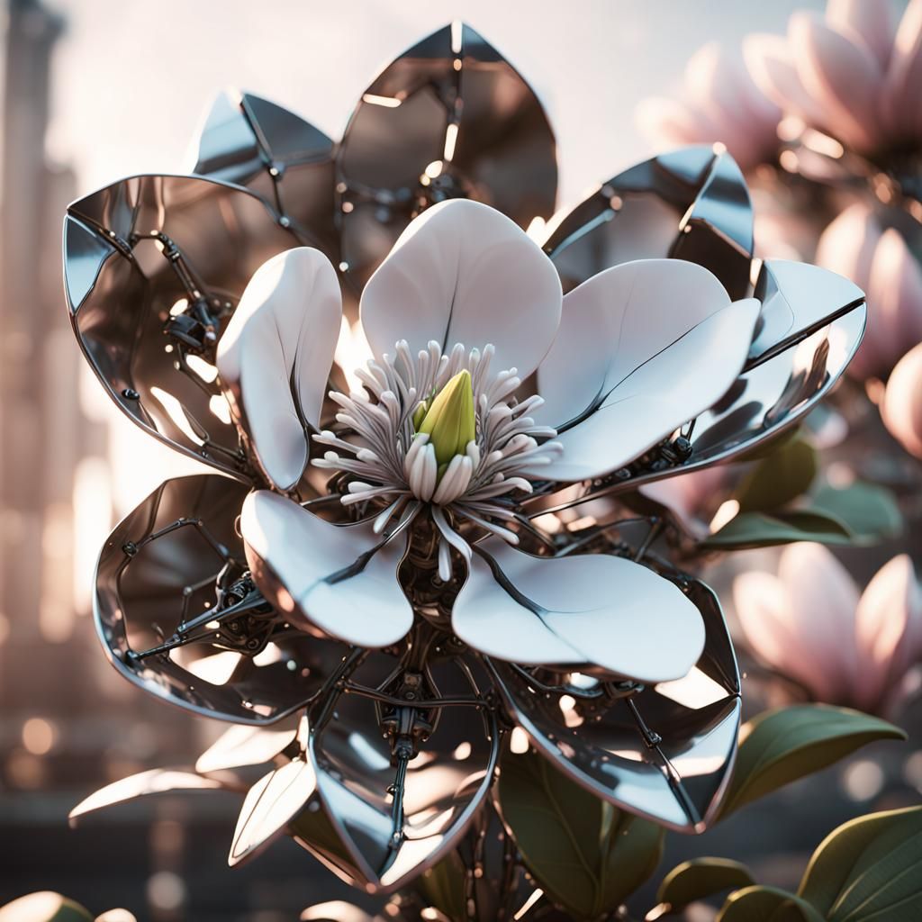 Futuristic Metallic Magnolia Flowers in Sci-Fi Style