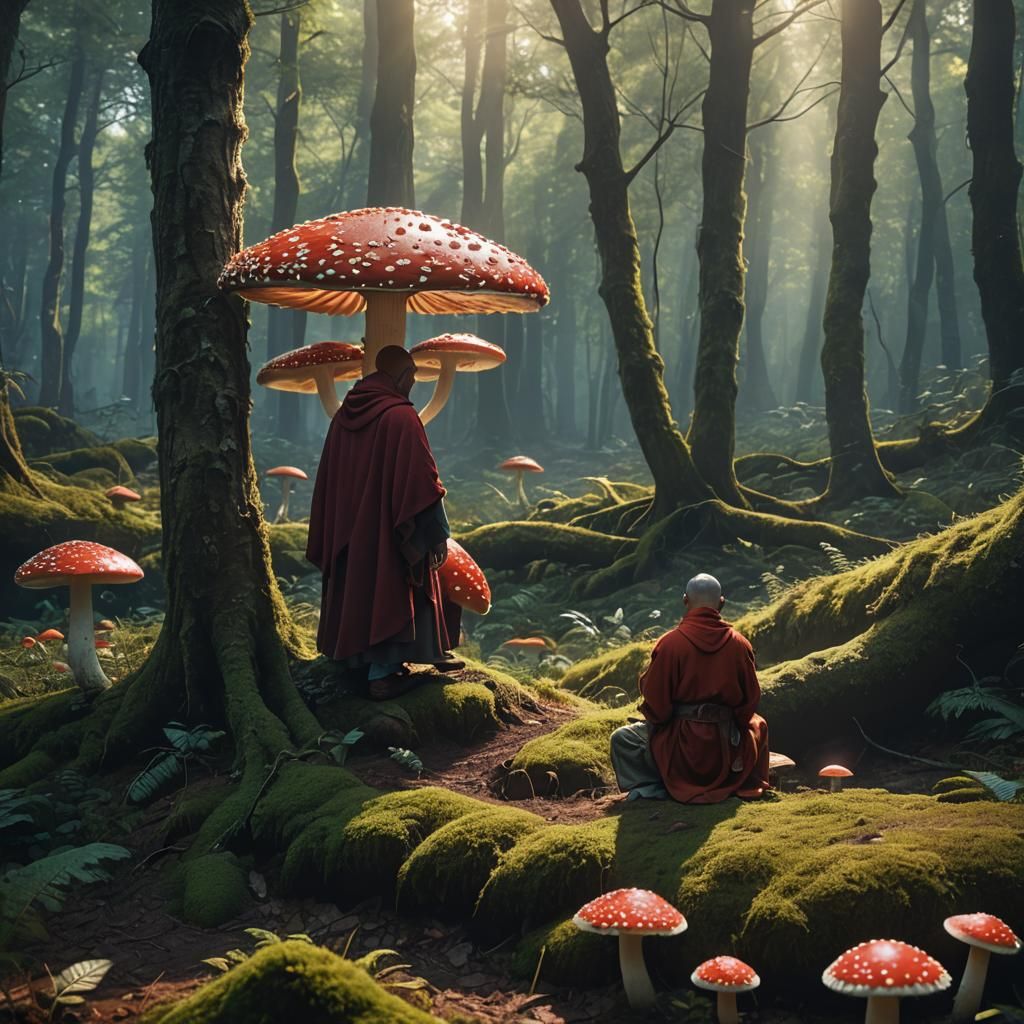 Fly Agaric Mushroom Monk in Divine Forest