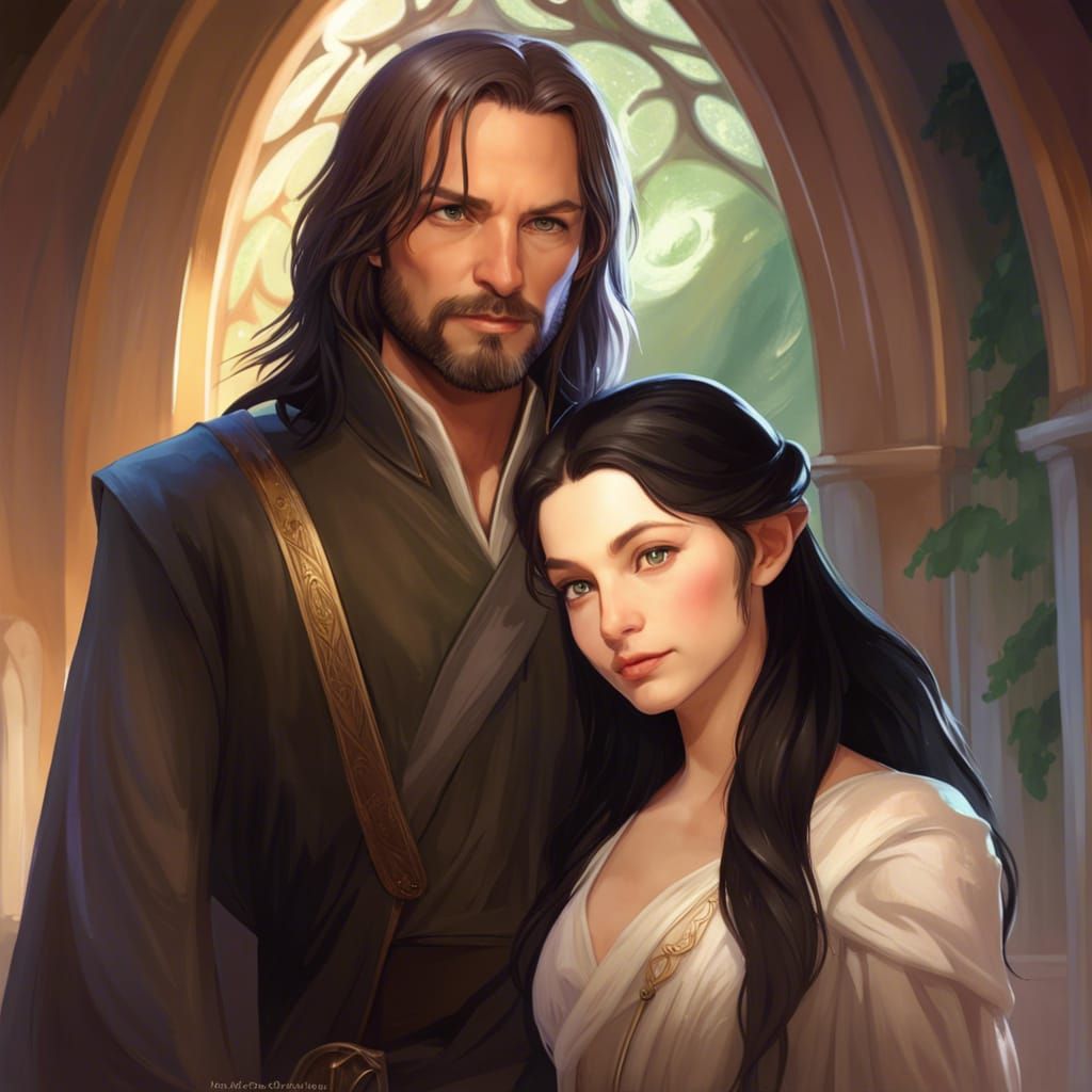 Chibi Aragon and Arwen in Rivendell: Detailed Portrait