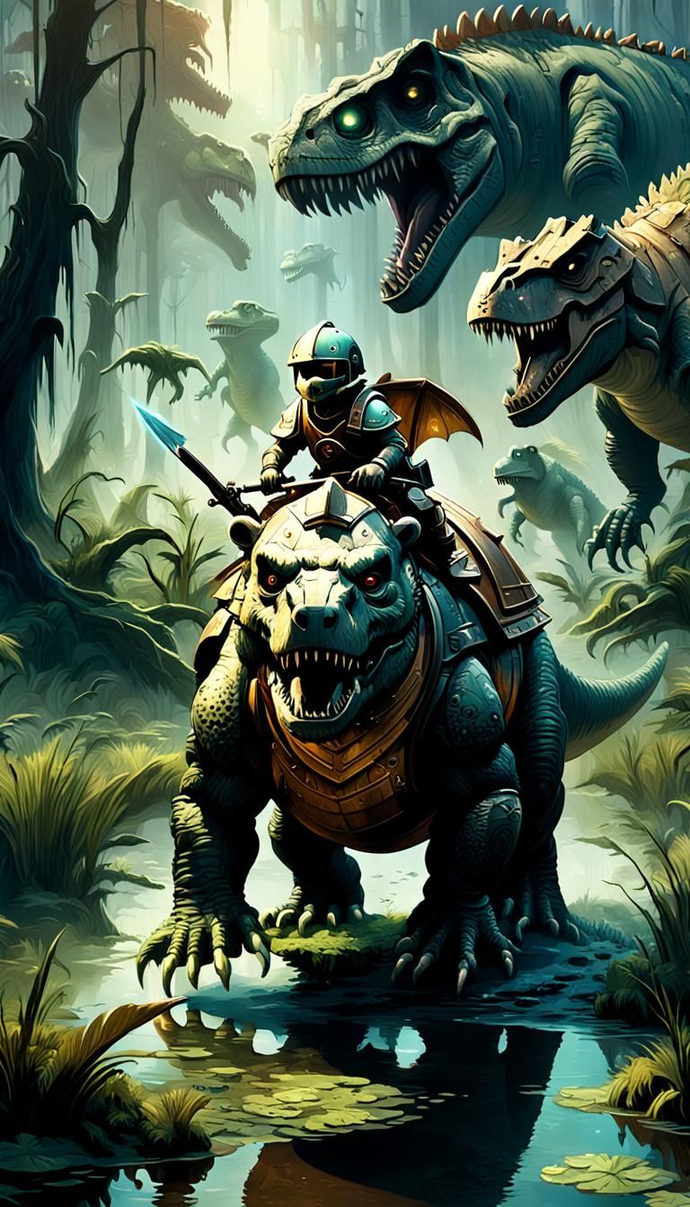 Toy Bear Rides T-Rex in Dark Fantasy Swamp