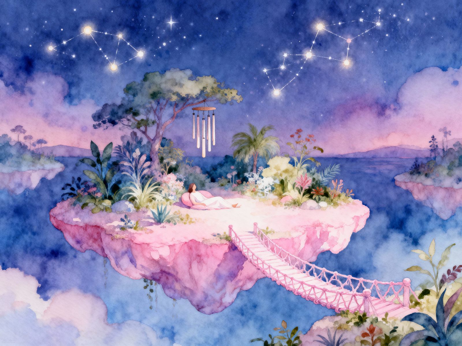 Dream Bridge to Pink Island Paradise at Twilight