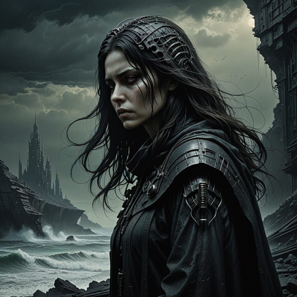 Moody Gothic Woman Stands at Rugged Cliff's Edge