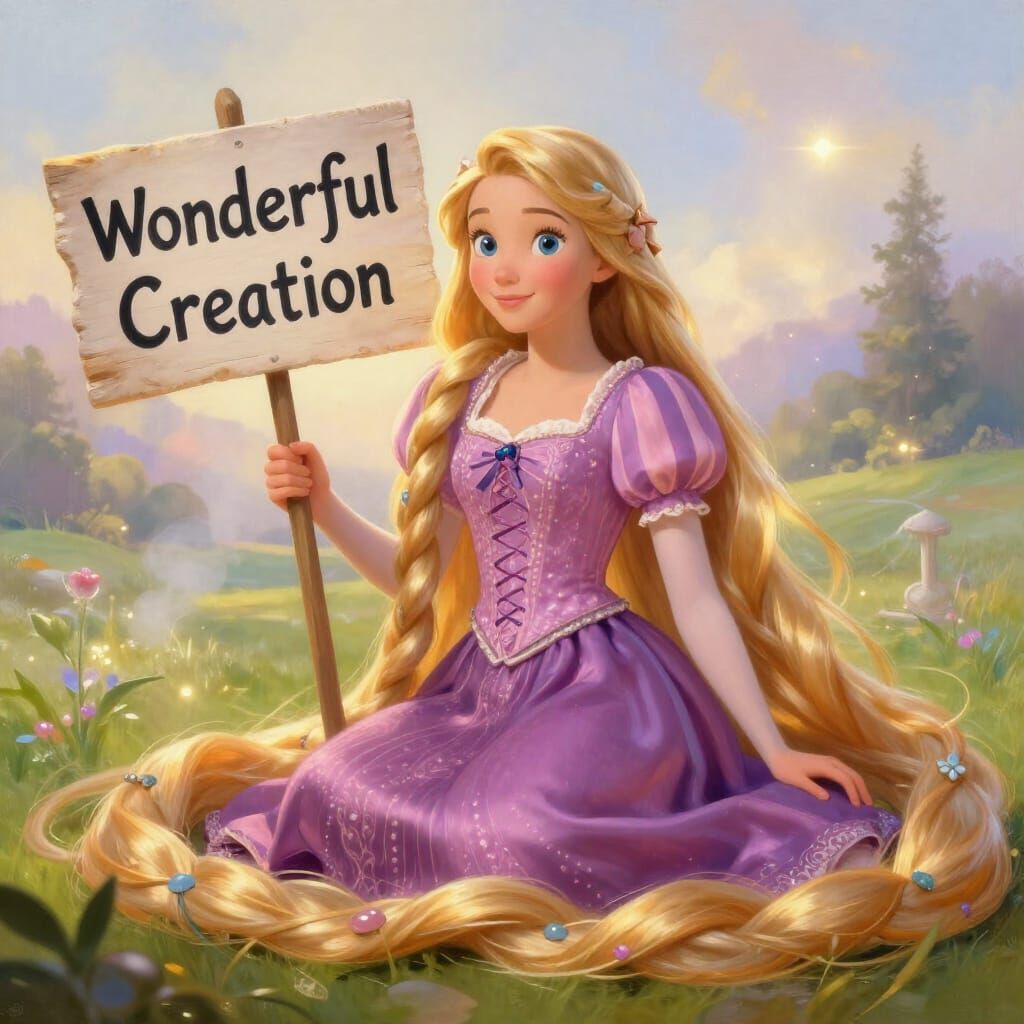Rapunzel Holds "Wonderful Creation" Sign in Ethereal Glow