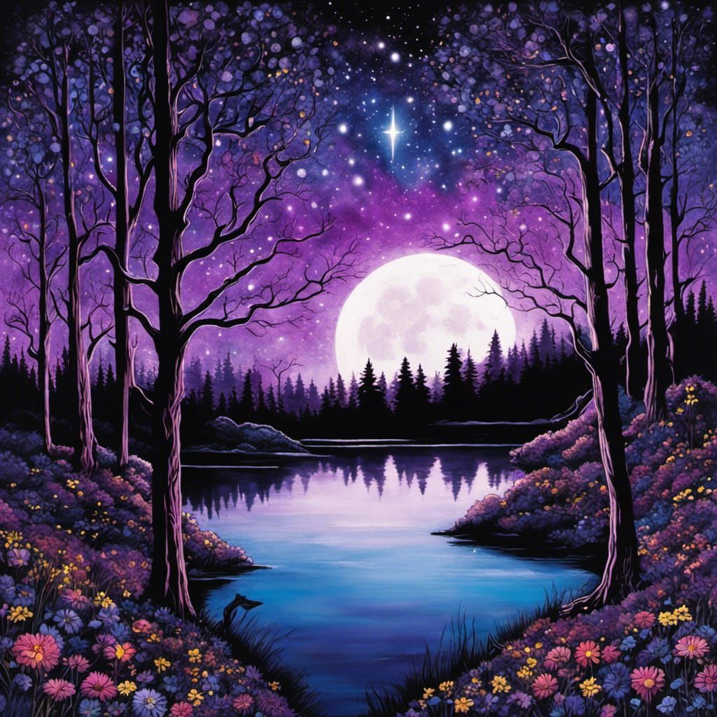 Gothic Bioluminescent Lake Forest in Tim Burton Style